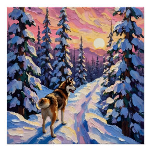 Poster Husky vintage sur un sentier forestier enneigé de
