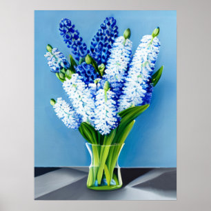 Poster Hyacinthes blancs dans un vase en verre sur bleu