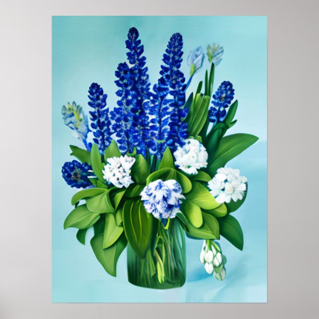 Poster Hyacinthes bleu de Cobalt et Hydrangées (Devant)