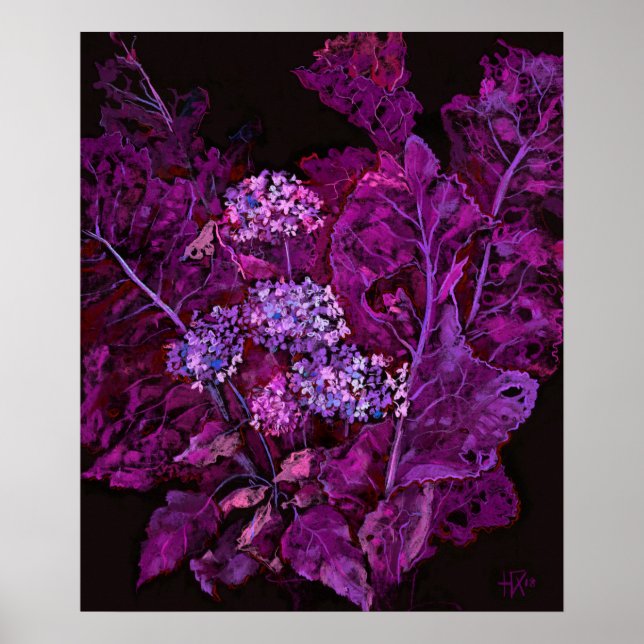 Poster Hydrangea et Horseradish Floral Art noir violet (Devant)