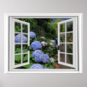 Poster Hydrangea Garden Vue Fenêtre Faux