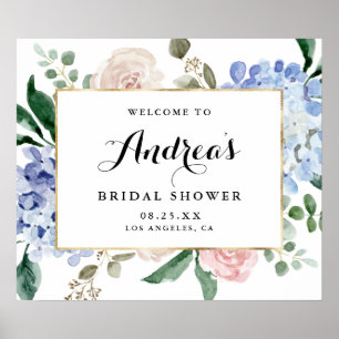 Poster Hydrangeas Aquarelle Bleue Mariage Fête avec Feuil