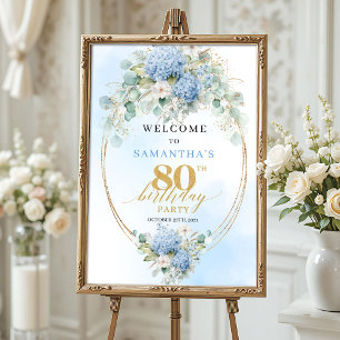 Poster Hydrangeas Bleus Aquarelle Bienvenue 80ème anniver