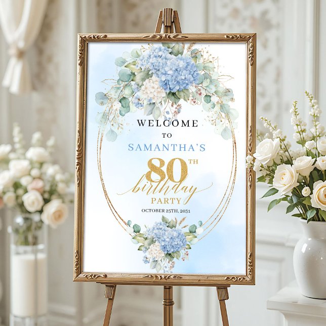 Poster Hydrangeas Bohème Charme Bleu Poussiéreux 80e anni (Boho Hydrangeas Dusty Blue Charm 80th birthday welcome)
