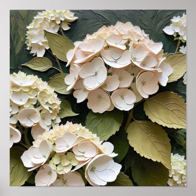 Poster Hydrangeas Crème aux Feuilles Texturées  (Devant)