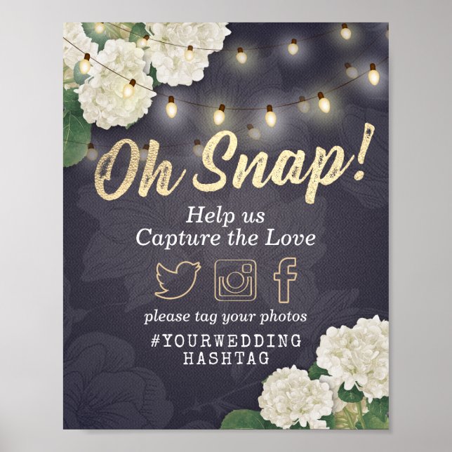 Poster Hydrangeas & String Lights Mariage Oh Snap Hashtag (Devant)