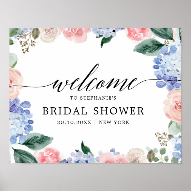 Poster Hydrangée bleu Dusty rose pastel Douche nuptiale (Devant)