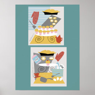 Poster 'I bake' 2 illustrations rétro Imprimer