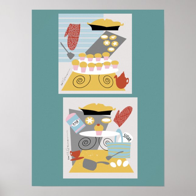 Poster 'I bake' 2 illustrations rétro Imprimer (Devant)