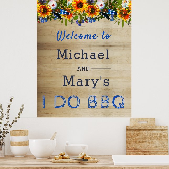 Poster I DO BBQ Floral Bois Monogramme Fiançailles Bienve (Cuisine)