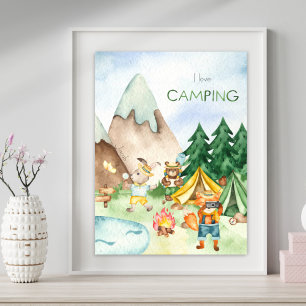 Poster I Love Camping Bois Animaux Enfants Aquarelle