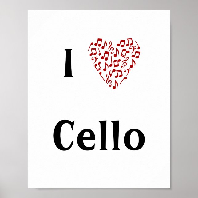 Poster I Love Cello Red Heart of Music Notes (Devant)