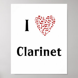 Poster I Love Clarinet Red Heart of Music Notes