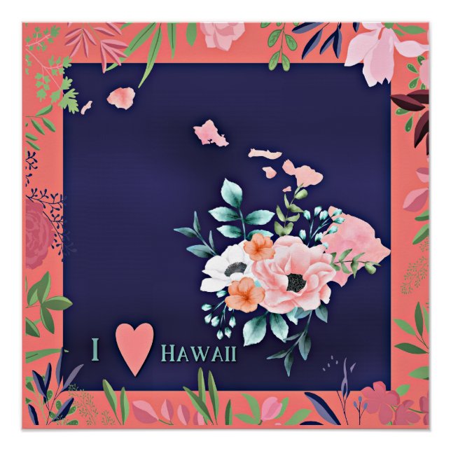Poster I Love Hawaii, aquarelle illustration florale, (Devant)