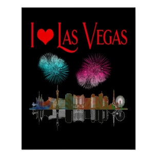 Poster I Love Las Vegas at Night Skyline Fireworks