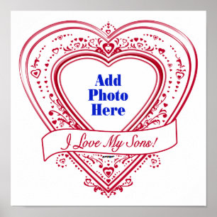 Poster I Love My Sons ! Photo Red Hearts
