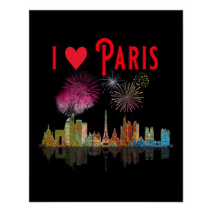 Poster I Love Paris at Night Skyline Fireworks
