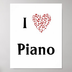 Poster I Love Piano Red Heart of Music Notes