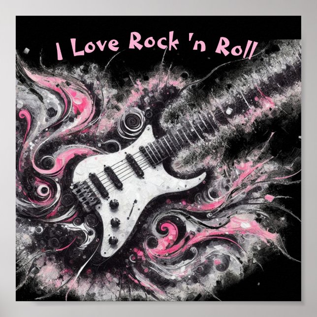 Poster I Love Rock N Roll Guitare électrique rose noir (Devant)