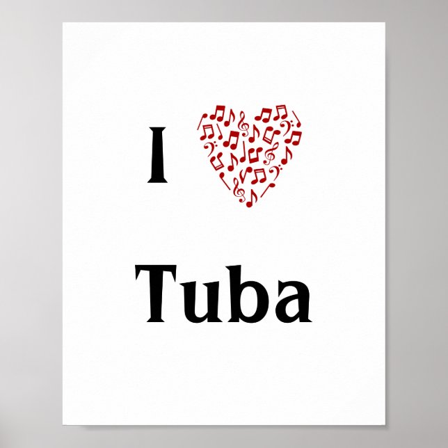 Poster I Love Tuba Red Heart of Music Notes (Devant)