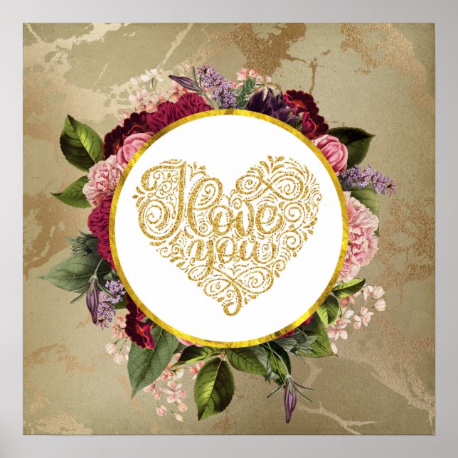 Poster I Love You Fancy Golden Heart with Floral Frame (Devant)