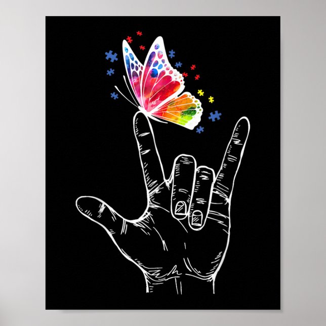 Poster I Love You Hand Sign Language Butterfly Autism (Devant)