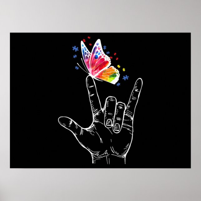 Poster I Love You Hand Sign Language Butterfly Autism (Devant)