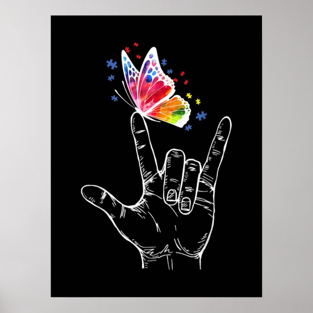 Poster I Love You Hand Sign Language Butterfly Autism (Devant)