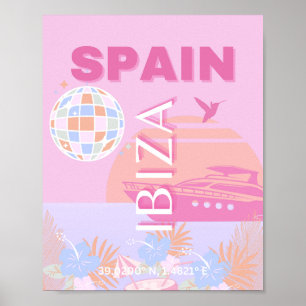 Poster Ibiza, Espagne, Art Voyage, Art Preppy, Rose