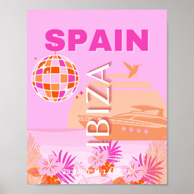 Poster Ibiza, Espagne, Art Voyage, Art Preppy, Rose, Prep (Devant)