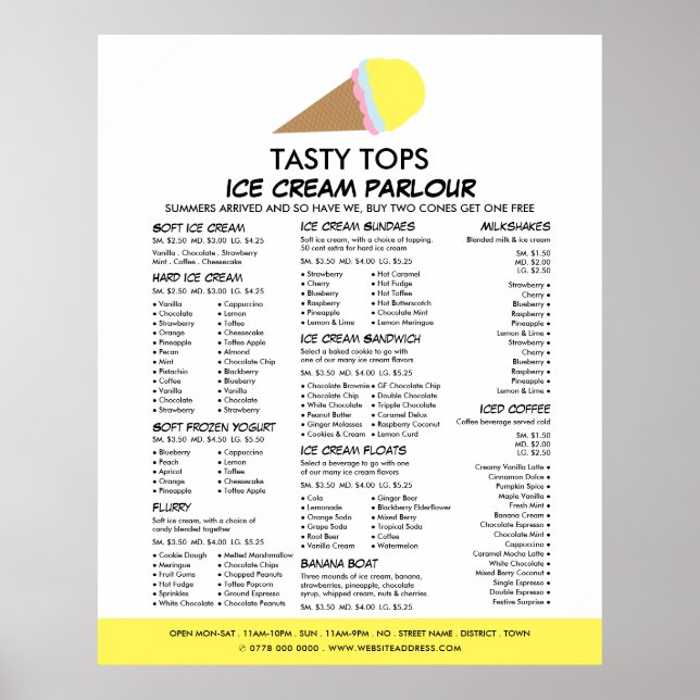 Poster Ice Cream Cone, Ice Cream Parlor Menu (Devant)