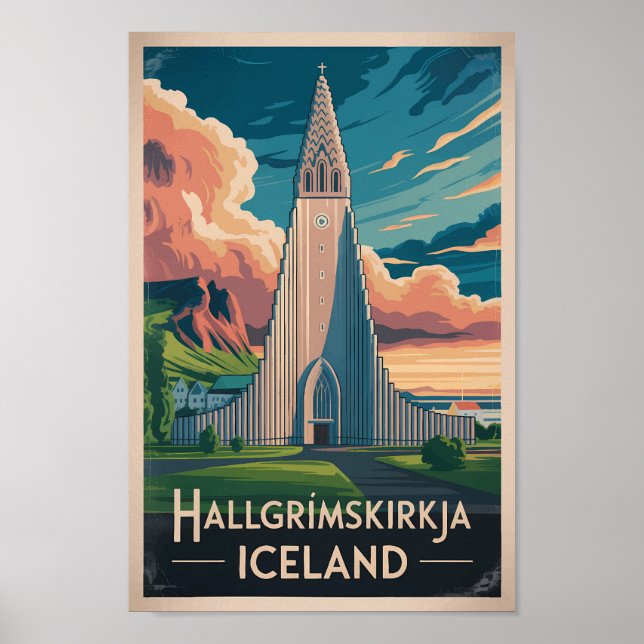 Poster Iceland Hallgrimskirkja Illustration Travel Art (Devant)