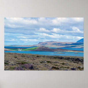 Poster Iceland morning seascape with farms in a fjord
