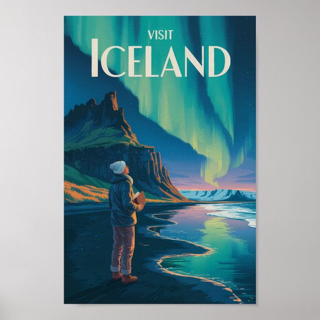 Poster Iceland Northern Lights Illustration Travel Art Vi (Devant)