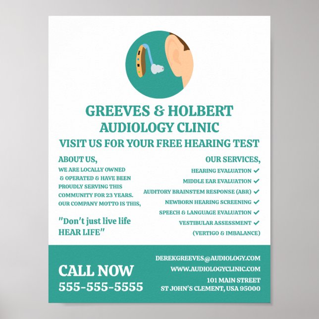 Poster Icône d'aide auditive, audiologiste, Clinique d'au (Devant)