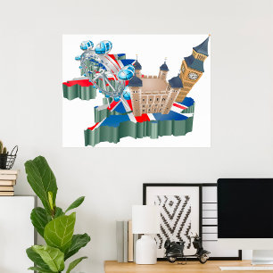 Poster Icone Londres Points de repère Carte Royaume-Uni V