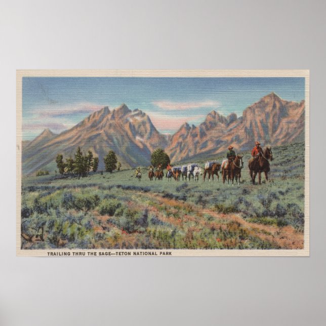 Poster Idaho - Vue des hommes à cheval sur Teton Mts. (Devant)
