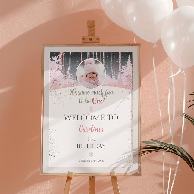 Poster Il neige beaucoup de plaisir d'être une photo de b (It's snow much fun to be one welcome sign poster for girls. pink gray grey muted colors winter)