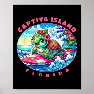 Poster Île de Captiva Floride Fille Mignonne Surfant Tort