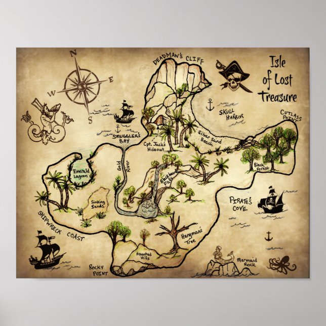 Poster Île de Lost Treasure Carte avec Jolly roger (Devant)
