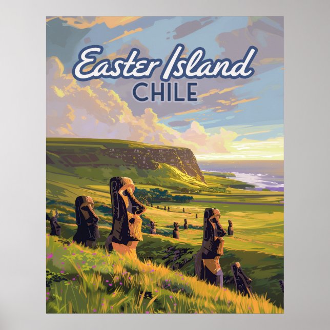 Poster Île de Pâques Chili Moai Rapa Nui Polynésie Rétro (Devant)