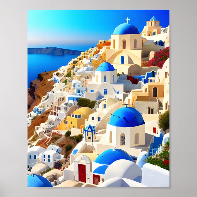 Poster Île de Santorin Grèce Peinture Art numérique (Devant)