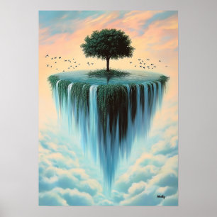 Poster Île flottante avec arbre et cascades – Surréaliste