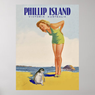 Poster Île Philip, Australie, fille avec manchot