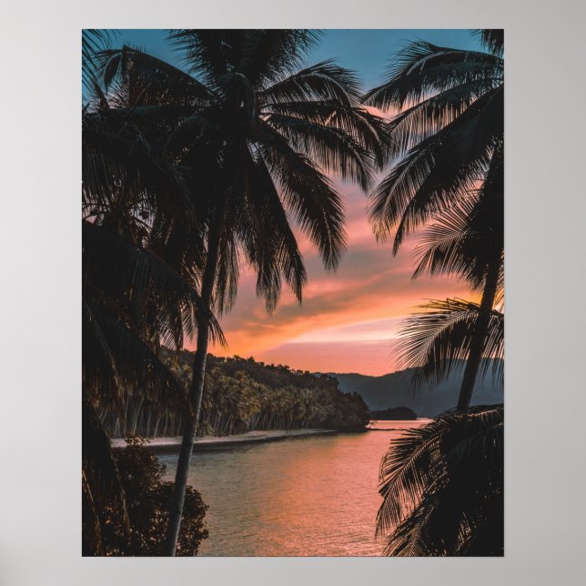 Poster Ile tropicale Coucher de soleil du Palmier du soir (Devant)