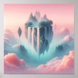 Poster Îles flottantes éthérées et cascades dans des tons