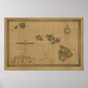 Poster Iles Hawaiiennes, 1876, Carte Vintage Hawaii