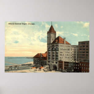 Poster Illinois Central Depot Chicago Repro Vintage 1913
