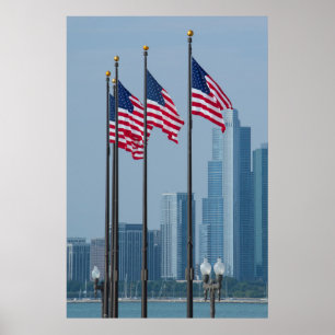 Poster Illinois, Chicago. Navy Pier, drapeaux américains