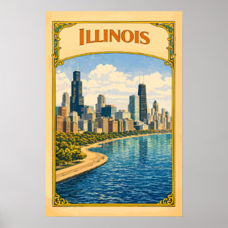 Poster Illinois Chicago Skyline Vintage